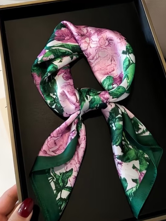 Floral Satin Neck Scarf - Green & Pink